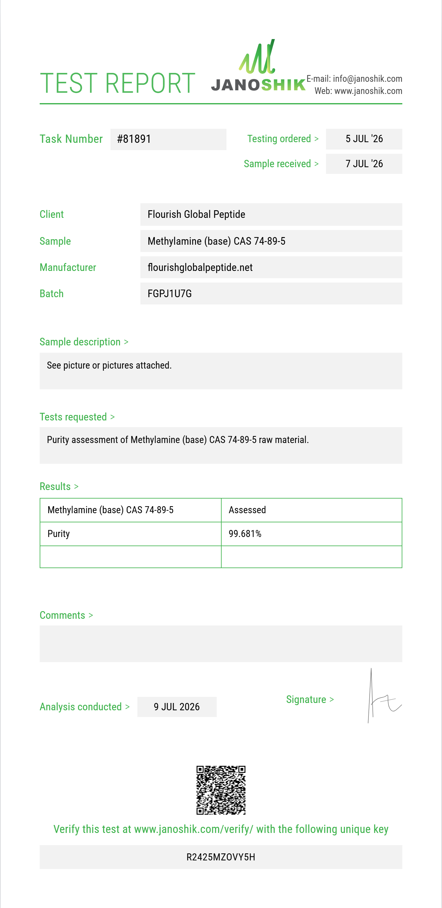 Methylamine (base) CAS 74-89-5 Purity (HPLC) report by Janoshik Analytical